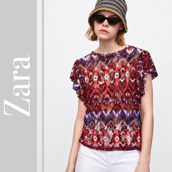 Zara flowy top with ruffled sleeves red orange purple sheer medium boho Aztec - Picture 3 of 7